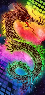 Colorful dragon in cosmic background design.