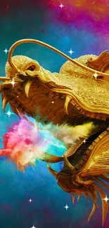 Gold dragon with colorful cosmic background.