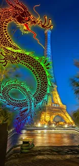 Vibrant dragon against Eiffel Tower night view in Paris.