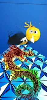 Blue geometric wallpaper with vibrant dragon and fun emoji.