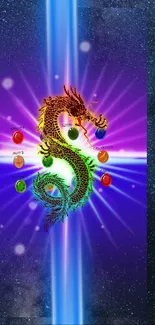 Vibrant dragon on cosmic background with blue energy beam