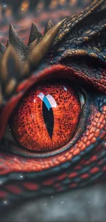 Close-up of a vibrant dragon's eye with fiery red scales and intricate details.