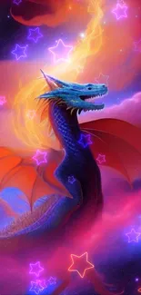 Vibrant dragon in cosmic clouds with surreal colors on phone wallpaper.