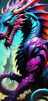 Colorful dragon fantasy art featuring vibrant scales and mystical background.