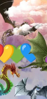 Colorful dragon wallpaper with rainbow hearts in a pastel sky.