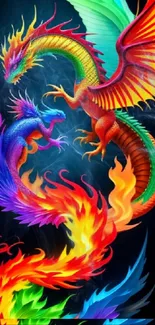 Vibrant dragon fantasy art with colorful dragons in a captivating scene.