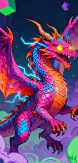 Vibrant neon dragon in fantasy realm with purple hues.