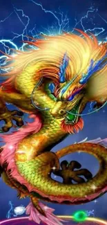 Colorful dragon with lightning background in fantasy art.