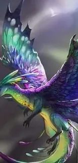 Colorful dragon with vibrant wings soaring in mystical skies.