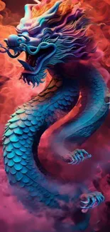 Vibrant, colorful dragon amidst fiery smoke.