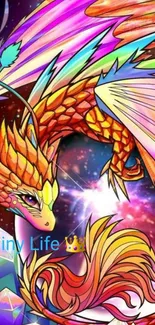 Vibrant dragon fantasy art with colorful wings and crystals.