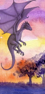 Watercolor dragon flying over sunset trees.