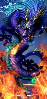 Vibrant blue dragon with fiery background.