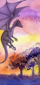 Purple dragon flying over a colorful fantasy landscape.