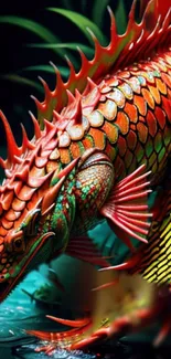 Vibrant dragon artwork with red scales and fantasy elements in vivid colors.