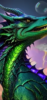 Vibrant green dragon fantasy art with colorful scales and a magical backdrop.