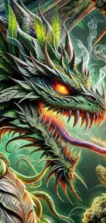 Vibrant green dragon with fiery eyes and intricate details.