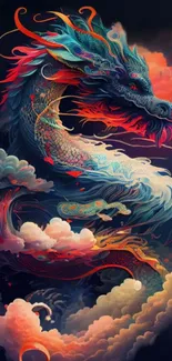 Colorful dragon amidst clouds on fantasy wallpaper.