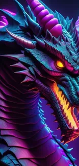 Vibrant fantasy dragon with glowing eyes on a purple background.