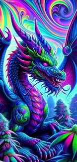 Colorful dragon with neon wings and mystical background.