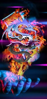 Vibrant dragon fantasy art with neon colors and flames in a digital design.
