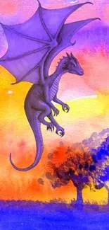 Vibrant dragon flying over watercolor landscape.