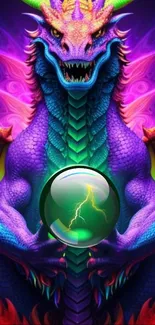 Vivid neon dragon with crystal ball in vibrant fantasy art.