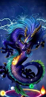 Vibrant fantasy dragon with electric blue hues and mythical elements on phone wallpaper.