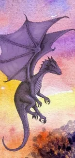 Vibrant dragon in a fantasy watercolor sky.