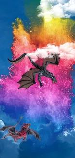 Colorful dragon wallpaper with vibrant sky and fantasy clouds.