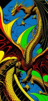 Vibrant dragon artwork with red and yellow tones in fantasy style.