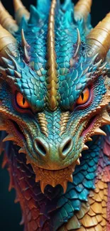 Detailed dragon with vibrant turquoise scales and fierce orange eyes.