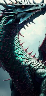 Vibrant teal dragon with colorful scales and wings in a fantasy scene.