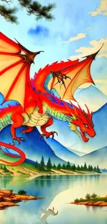 Red dragon flying over lake with mountains and trees in background.