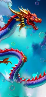 Stunning vibrant dragon in fantasy scene.