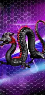 Black and red dragon with vibrant purple background.