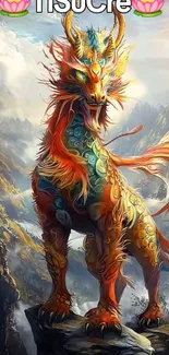 Vibrant dragon on mountain peak with colorful details.