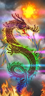 Vibrant dragon with fiery hues in mystical clouds wallpaper.