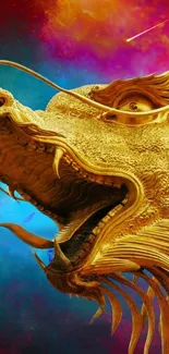 Golden dragon with colorful cosmic background, vibrant fantasy art.