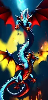 Colorful dragon fantasy art wallpaper with mythical themes and vibrant blue hues.