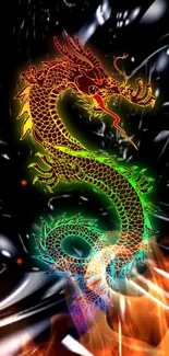 Colorful dragon in an abstract fiery background wallpaper.