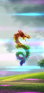 Vibrant dragon with mystical landscape mobile wallpaper.