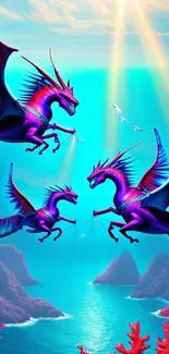 Vibrant dragons soaring over an ocean with vivid cyan and purple hues.