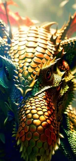 Colorful dragon with intricate scales and vibrant detail.