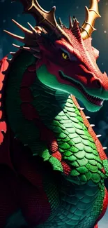 Red and green dragon in a snowy forest, under warm light.