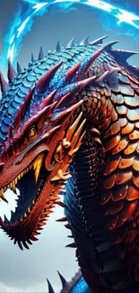 A vibrant, red-scaled dragon with blue accents in a fantasy scene.