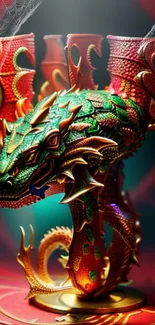 Intricate dragon with vibrant colors on fantasy wallpaper.