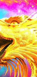 Golden dragon with vibrant colors in cosmic background.