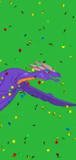 Purple dragon against green with colorful confetti.