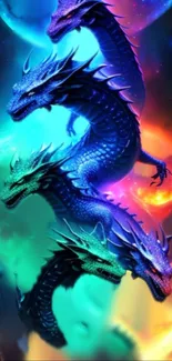 Vibrant dragon fantasy mobile wallpaper with colorful cosmic background.